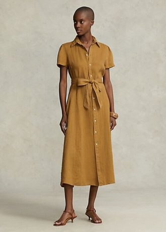 Kahverengi Kadın Ralph Lauren Kemerli Keten Kısa Elbise