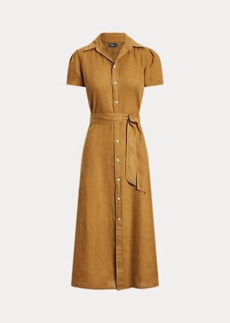 Kahverengi Kadın Ralph Lauren Kemerli Keten Kısa Elbise