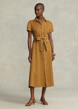 Kahverengi Kadın Ralph Lauren Kemerli Keten Kısa Kollu Elbise