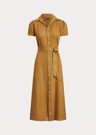 Kahverengi Kadın Ralph Lauren Kemerli Keten Kısa Kollu Elbise