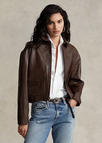 Kahverengi Kadın Ralph Lauren Kısa Deri Bomber Ceketler Kahverengi Kadın Ralph Lauren Kısa Deri Bomber Ceketler
