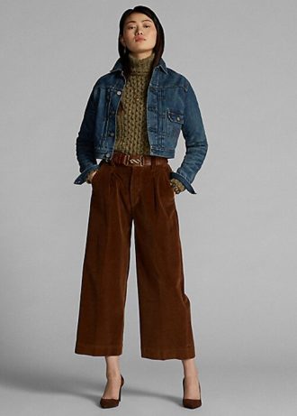 Kahverengi Kadın Ralph Lauren Kısa Kadife Geniş Paça Pantolon