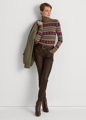 Kahverengi Kadın Ralph Lauren Nappa Deri Dar Paça Pantolon