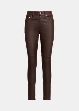 Kahverengi Kadın Ralph Lauren Nappa Deri Dar Paça Pantolon