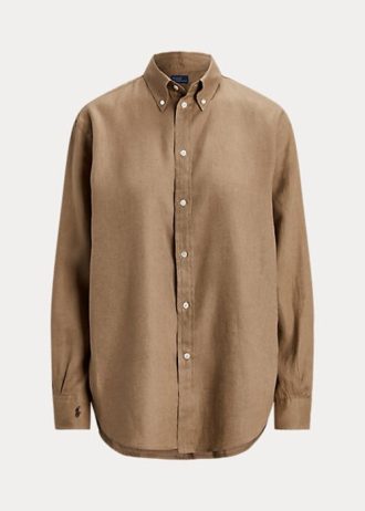 Kahverengi Kadın Ralph Lauren Rahat Kesim Keten Gömlekler