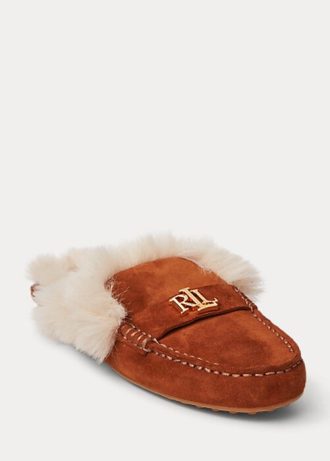 Kahverengi Kadın Ralph Lauren Savanah Suni Kürk Süslemeli Süet Düz Ayakkabı