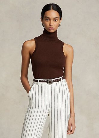 Kahverengi Kadın Ralph Lauren Yün Kolsuz Balıkçı Yaka Kazaklar