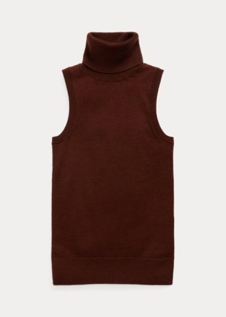 Kahverengi Kadın Ralph Lauren Yün Kolsuz Balıkçı Yaka Kazaklar