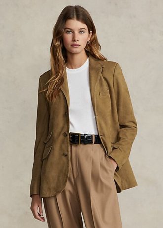 Khaki Kadın Ralph Lauren Kuzu Derisi Süet Hacking Blazer’lar