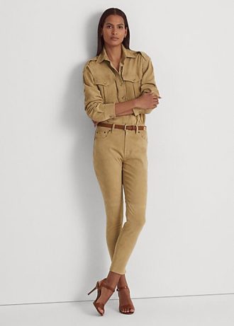 Khaki Kadın Ralph Lauren Süet Yüksek Bel Dar Paça Pantolon
