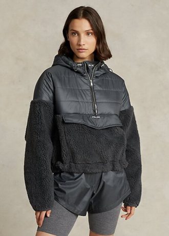 Koyu Gri Kadın Ralph Lauren Yüksek Tüylü ve Ripstop Hibrit Kazak Ceketler
