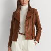 Koyu Kahverengi Kadın Ralph Lauren Deri Motosiklet Ceketleri