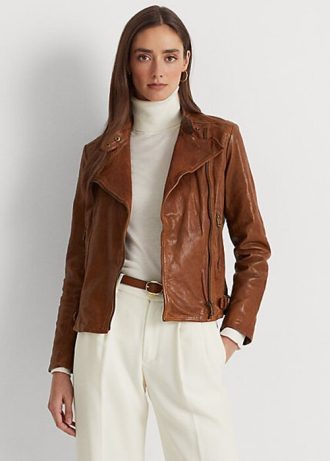 Koyu Kahverengi Kadın Ralph Lauren Deri Motosiklet Ceketleri