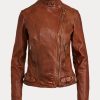 Koyu Kahverengi Kadın Ralph Lauren Deri Motosiklet Ceketleri