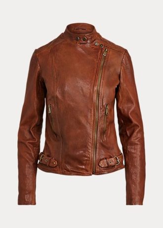 Koyu Kahverengi Kadın Ralph Lauren Deri Motosiklet Ceketleri