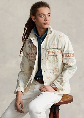 Krem Erkek Ralph Lauren Denim Grafik Ressam Ceketleri
