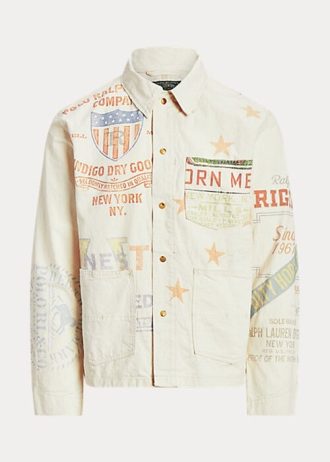 Krem Erkek Ralph Lauren Denim Grafik Ressam Ceketleri
