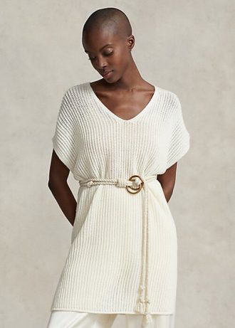Krem Kadın Ralph Lauren Açık Dikişli Merino Yün Tunik Kazaklar
