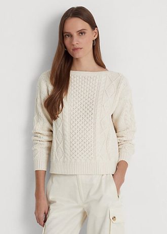 Krem Kadın Ralph Lauren Aran Örgü Pamuklu Tekne Yaka Kazaklar