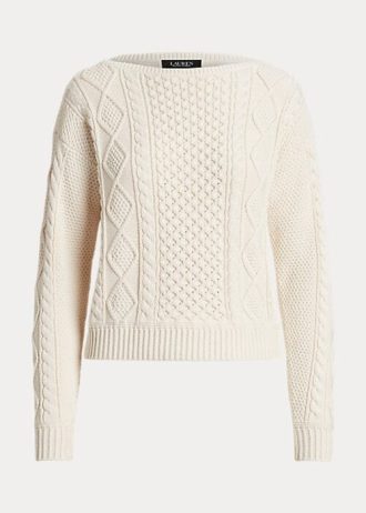 Krem Kadın Ralph Lauren Aran Örgü Pamuklu Tekne Yaka Kazaklar