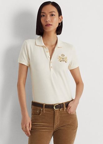 Krem Kadın Ralph Lauren Boncuklu Armalı Pike Polo Tişörtleri