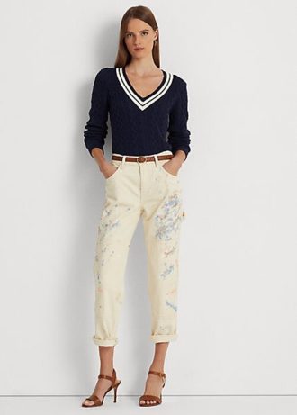 Krem Kadın Ralph Lauren Boya Sıçramalı Kot Carpenter Kot Pantolon