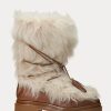 Krem Kadın Ralph Lauren Celia Shearling ve Cilalı Deri Botlar