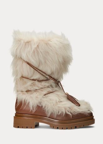 Krem Kadın Ralph Lauren Celia Shearling ve Cilalı Deri Botlar