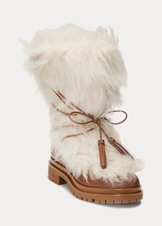 Krem Kadın Ralph Lauren Celia Shearling ve Cilalı Deri Botlar