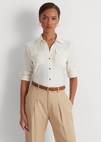 Krem Kadın Ralph Lauren Esnek Jersey Gömlekleri