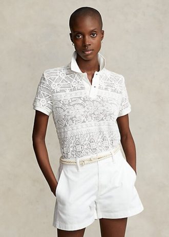 Krem Kadın Ralph Lauren Geometrik Dantel Polo Tişörtleri