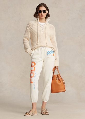 Krem Kadın Ralph Lauren Logo ve Dalga Grafikli Polar Eşofman Altı