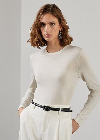 Krem Kadın Ralph Lauren Merino Yün Yuvarlak Yaka Kazaklar