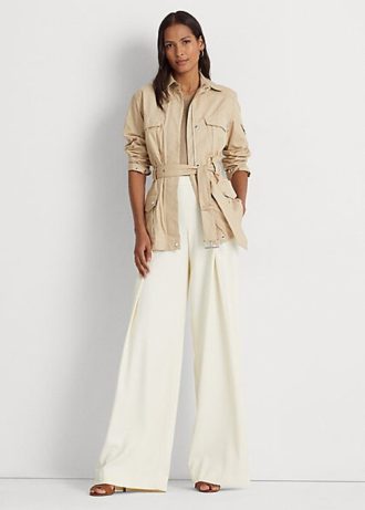 Krem Kadın Ralph Lauren Pileli Krep Geniş Paça Pantolon