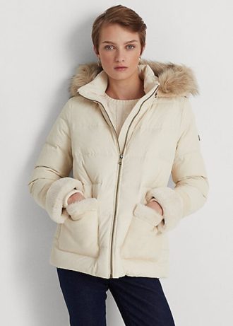 Krem Kadın Ralph Lauren Suni Kürk Süslemeli Montlar