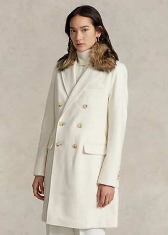 Krem Kadın Ralph Lauren Suni Kürk Yakalı Çift Sıralı Montlar