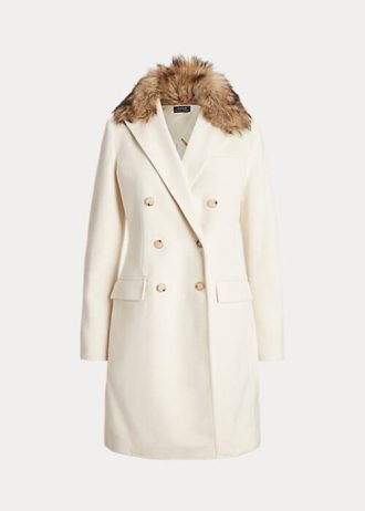 Krem Kadın Ralph Lauren Suni Kürk Yakalı Çift Sıralı Montlar