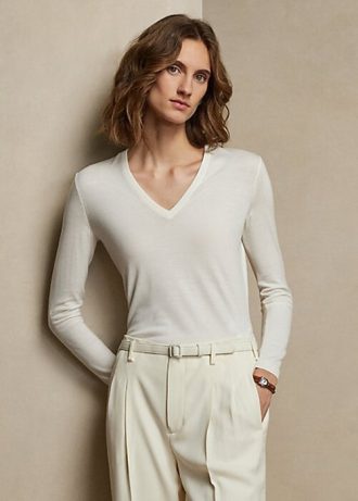 Krem Kadın Ralph Lauren Yün Uzun Kollu V Yaka Kazaklar