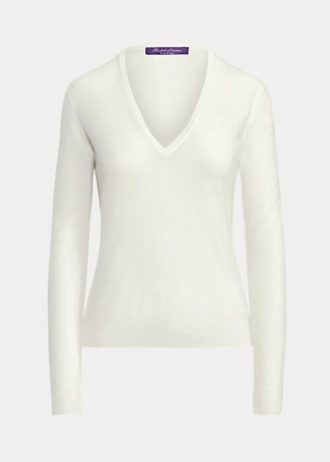 Krem Kadın Ralph Lauren Yün Uzun Kollu V Yaka Kazaklar