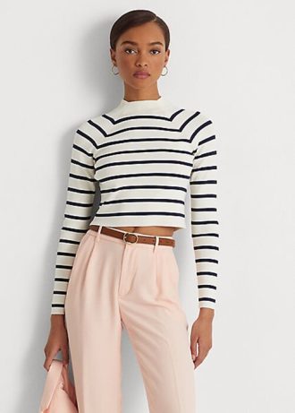 Krem / Lacivert Kadın Ralph Lauren Çizgili Kısa Balıkçı Yaka Kazaklar