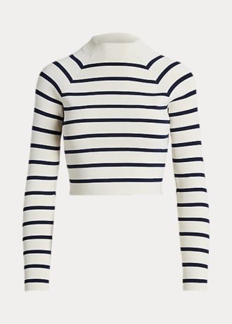 Krem / Lacivert Kadın Ralph Lauren Çizgili Kısa Balıkçı Yaka Kazaklar