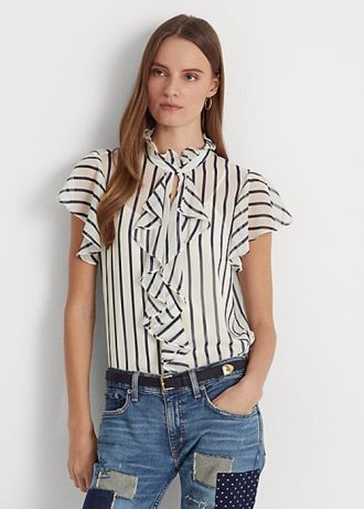 Krem / Lacivert Kadın Ralph Lauren Çizgili Volanlı Şifon Bluz Gömlekler
