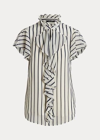 Krem / Lacivert Kadın Ralph Lauren Çizgili Volanlı Şifon Bluz Gömlekler