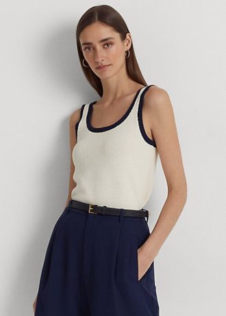 Krem / Lacivert Kadın Ralph Lauren İki Tonlu Pamuk Karışımlı Kolsuz Kazaklar