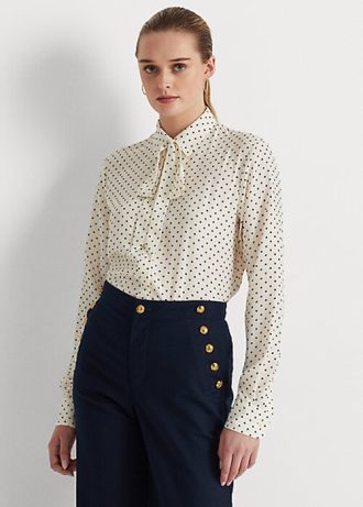 Krem / Lacivert Kadın Ralph Lauren Polka Noktalı Kravat Yaka Krep Gömlekler