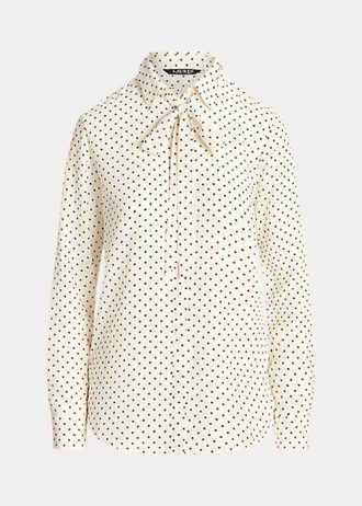 Krem / Lacivert Kadın Ralph Lauren Polka Noktalı Kravat Yaka Krep Gömlekler