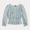 Krem / Mavi Kadın Ralph Lauren Gingham Voile Peplum Bluz Gömlekler