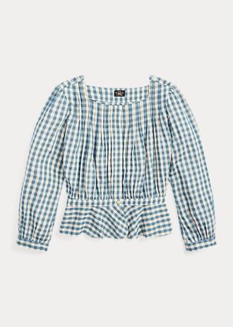 Krem / Mavi Kadın Ralph Lauren Gingham Voile Peplum Bluz Gömlekler