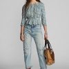 Krem / Mavi Kadın Ralph Lauren Gingham Voile Peplum Bluz Gömlekler