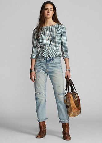 Krem / Mavi Kadın Ralph Lauren Gingham Voile Peplum Bluz Gömlekler